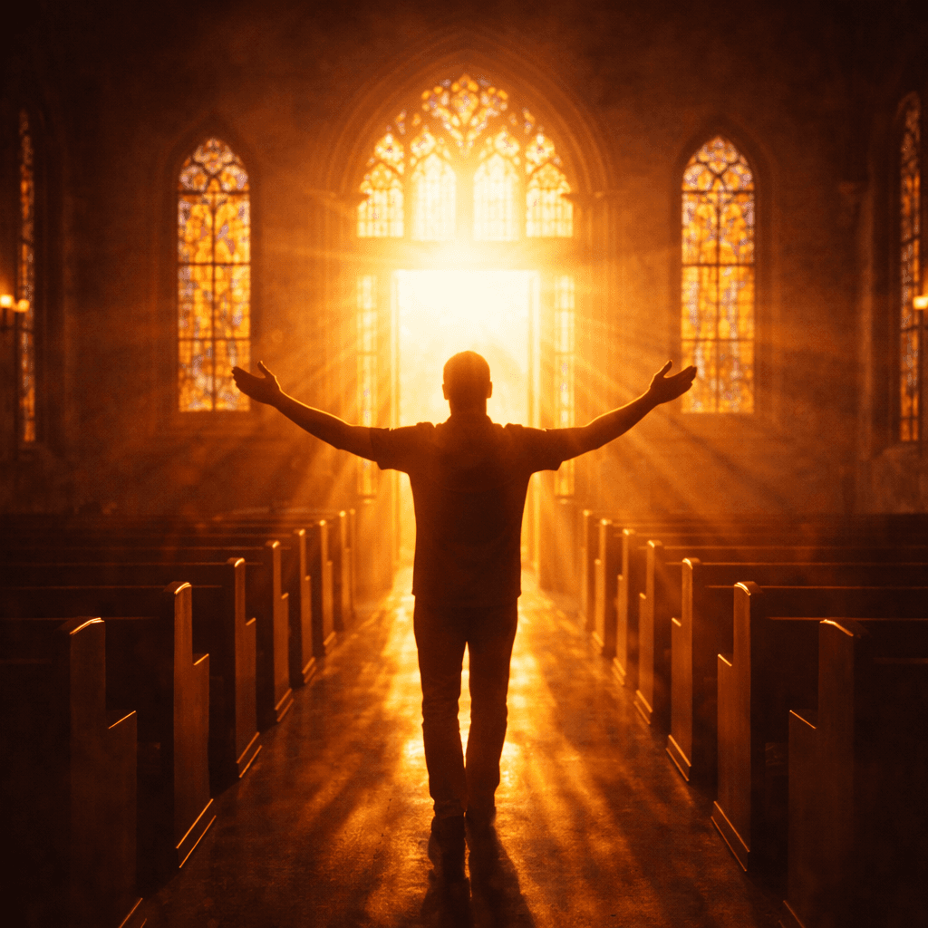 Person kneeling in prayer before a glowing church cross surrounded by candlelight.