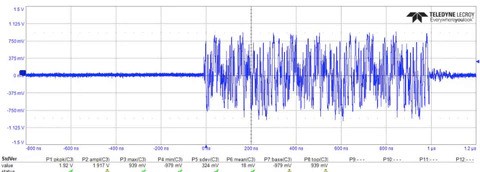 Oscilloscope capture of the 1000BASE-T1 bursts after 11 meters of cable
