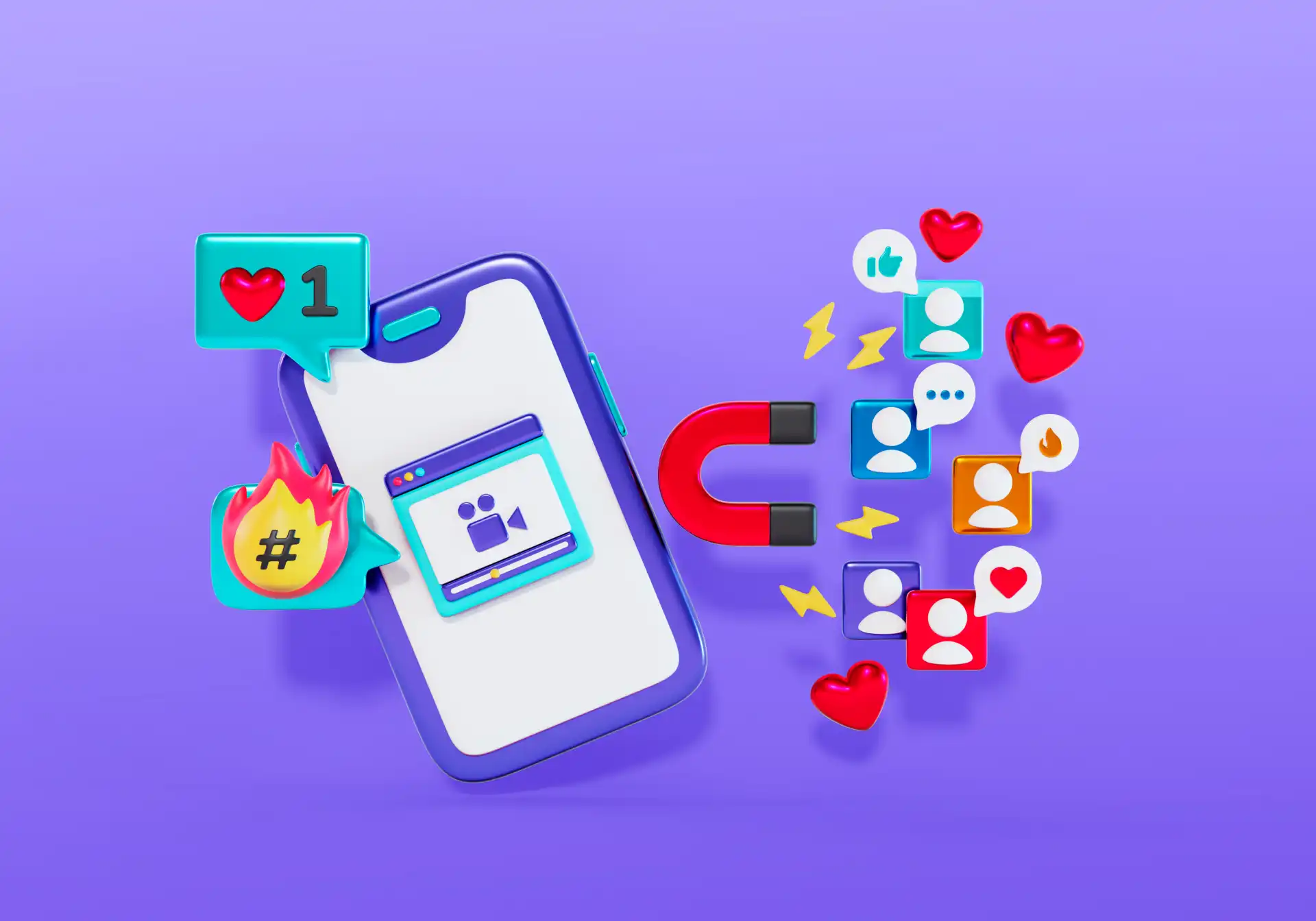 Social media engagement strategy illustration featuring smartphone with notification, magnet attracting users, and interaction symbols for TikTok marketing