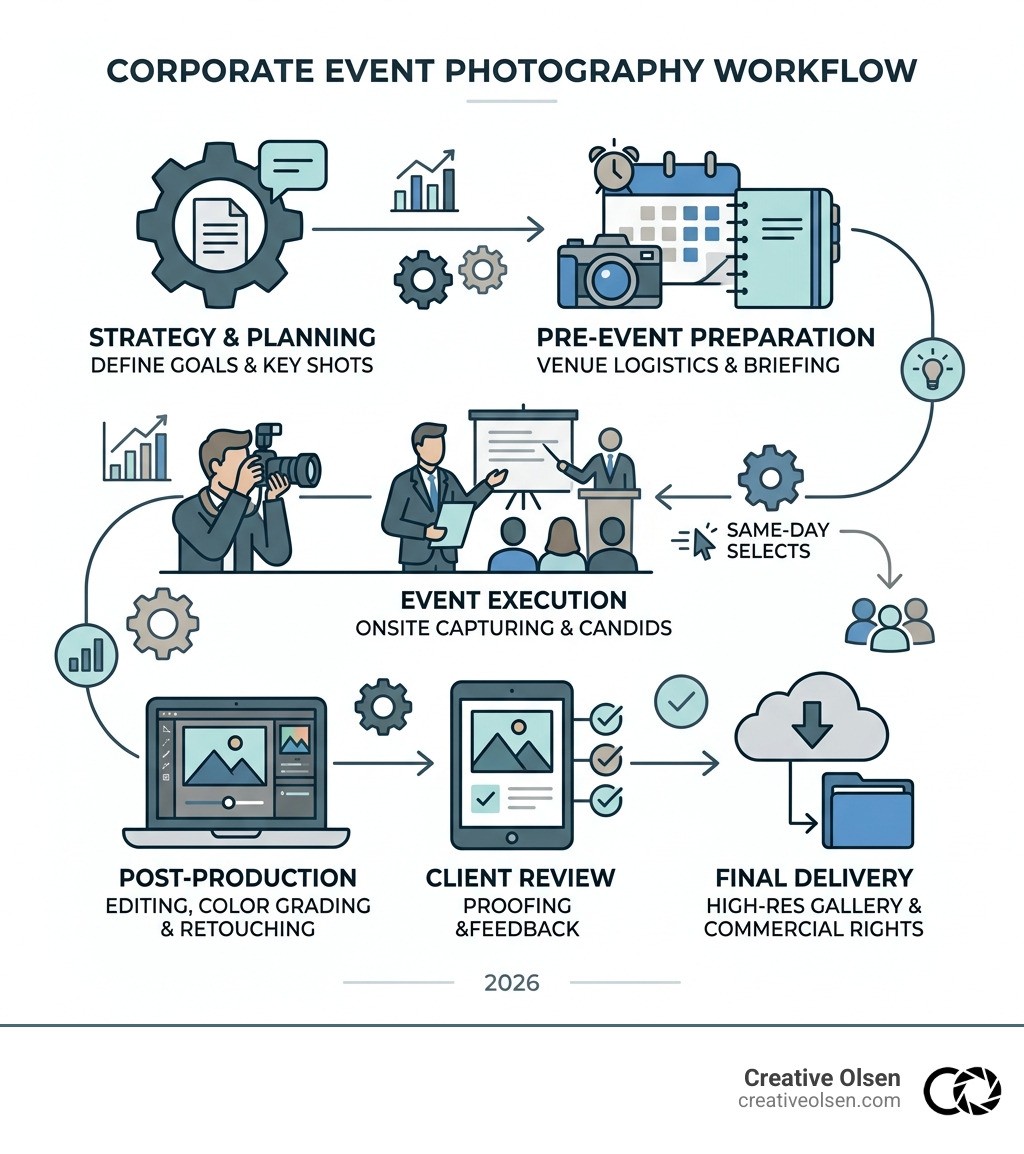 Corporate event photography workflow from strategy to delivery infographic - corporate event photographer infographic 