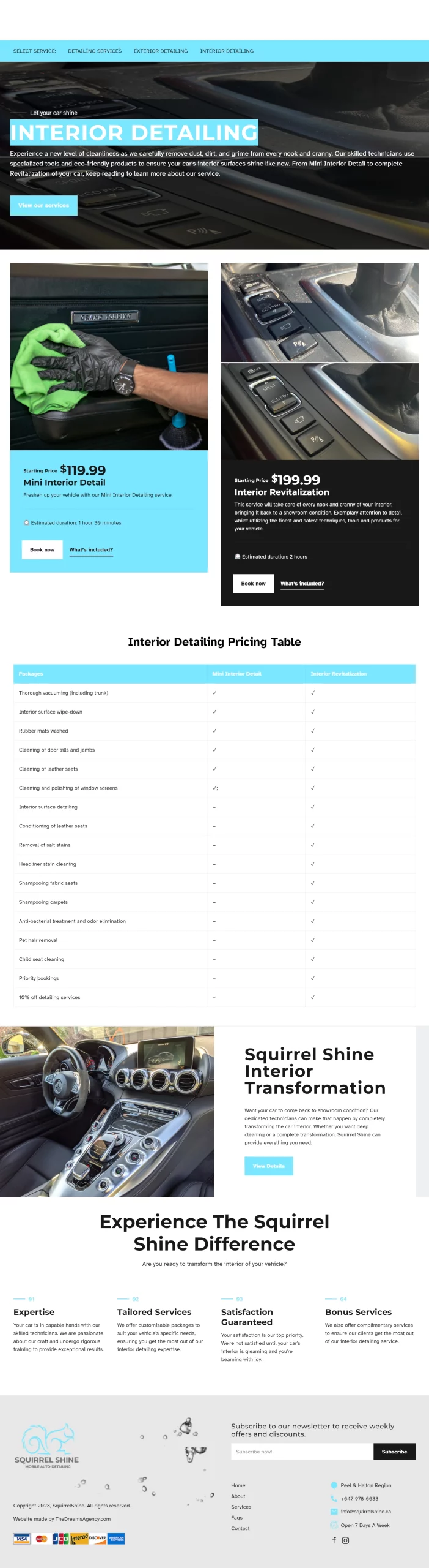 Interior detailing page for squirrelshine website developed & designed by Dreams Agency Mississauga, Ontario
