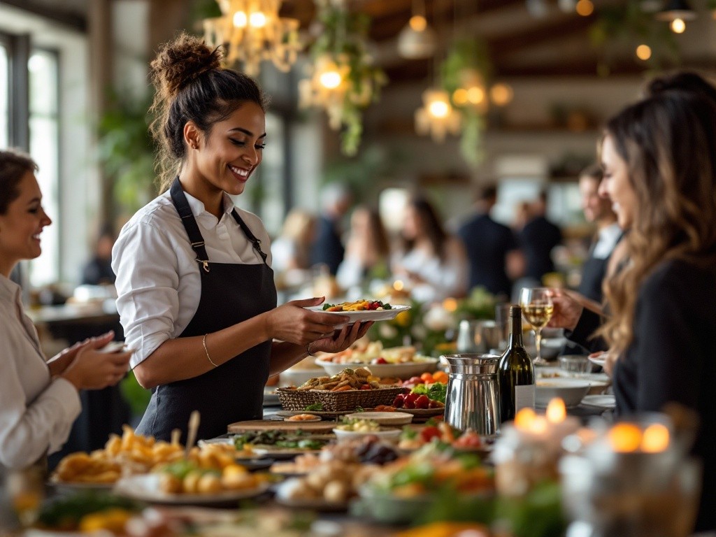 A waitress is serving food at a buffet.