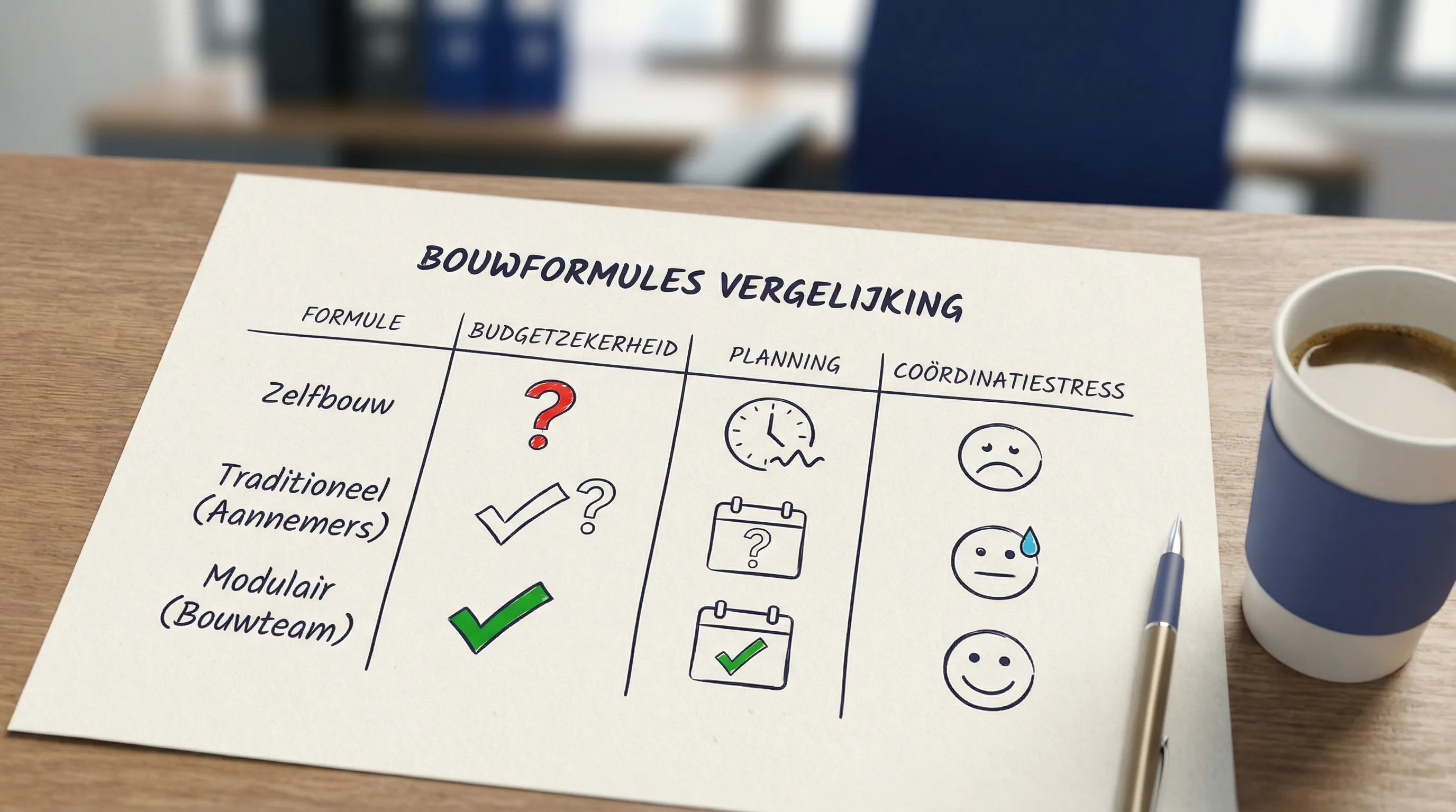 Een eenvoudige vergelijkingstabel op papier tussen drie bouwformules: zelfbouw, traditioneel met aannemers, en modulair met één bouwteam, met kolommen voor budgetzekerheid, planning en coördinatiestress.