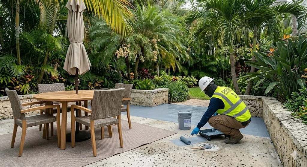 Patio waterproofing coating application on a Fort Lauderdale residential property — Planet Construction FL