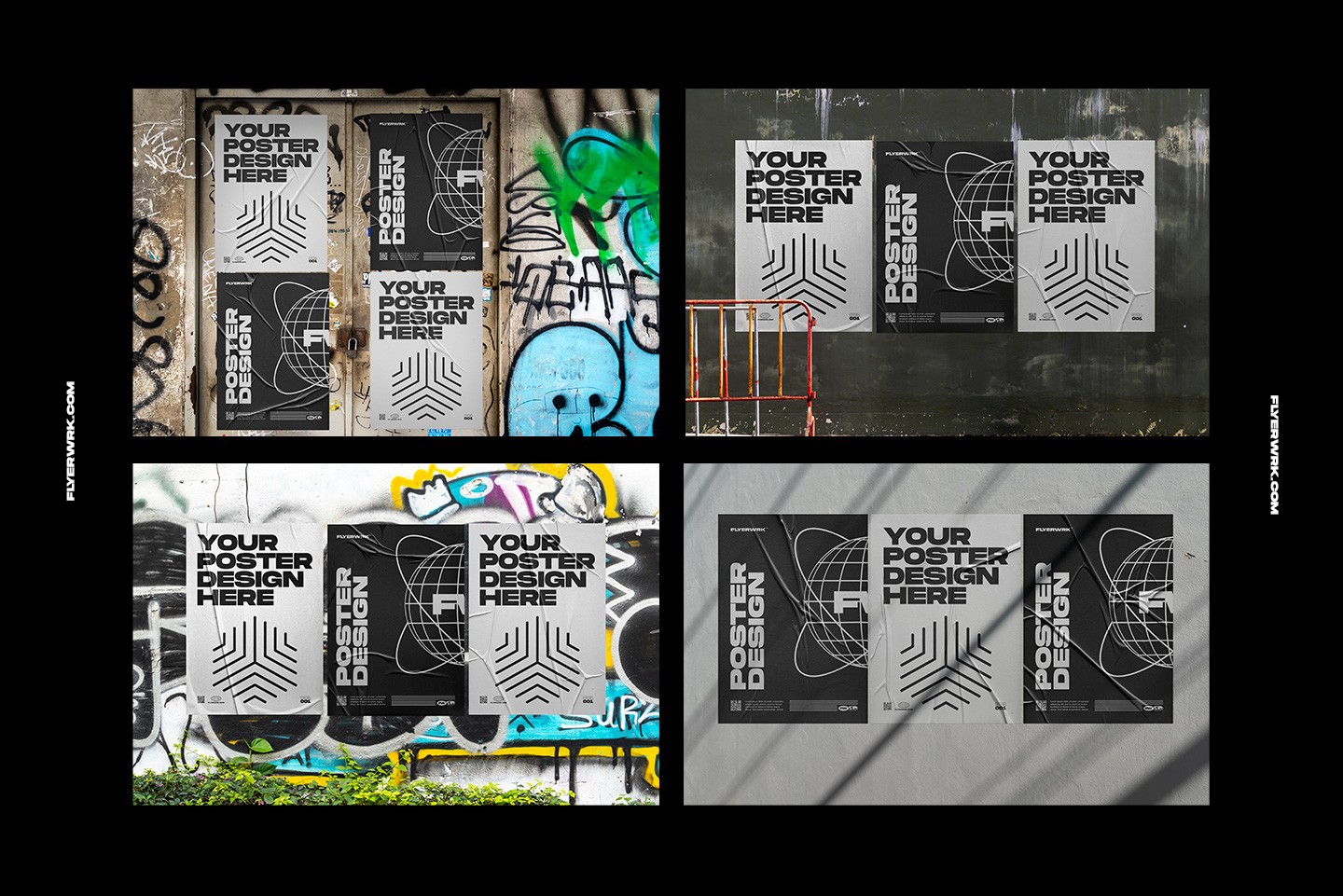Urban poster wall mockup grid of posters on colorful graffiti wall background