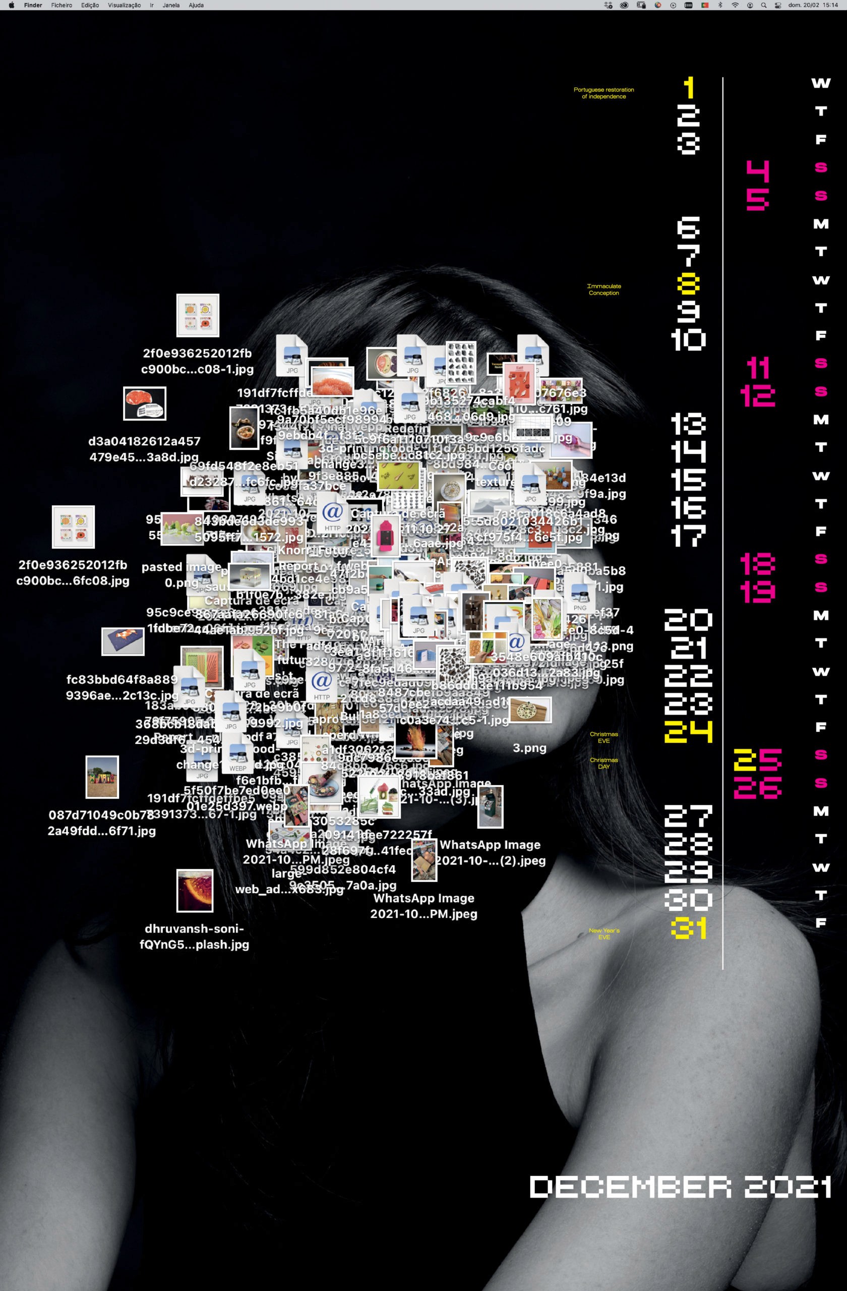 December 2021 illustration with a portrait of a woman and multiple computer icons covering the face. on the right part are listed the dates in a digital pixelated font