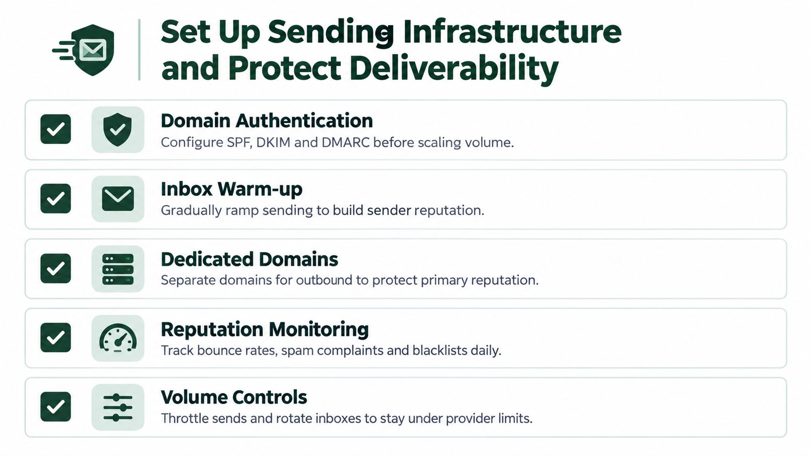 A list of five essential steps to set up sending infrastructure and protect email deliverability.