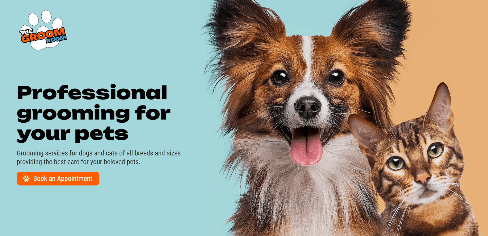 Desktop preview of the Grooming Salon Carrd template with service prices, groomer profiles, testimonial, gallery, and booking form