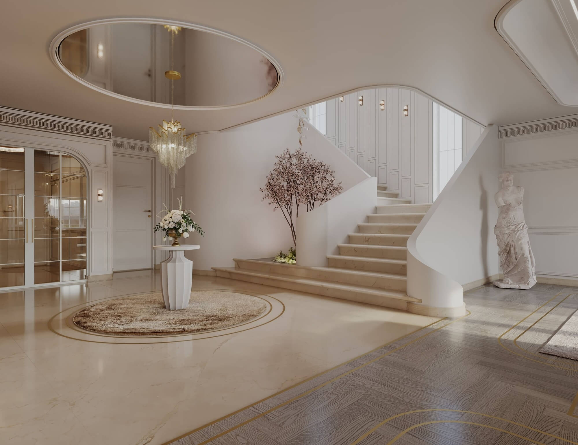 Architectural rendering of a luxury mansion foyer interior with curved staircase, marble flooring, crystal chandelier light fixture, and indoor landscaping.