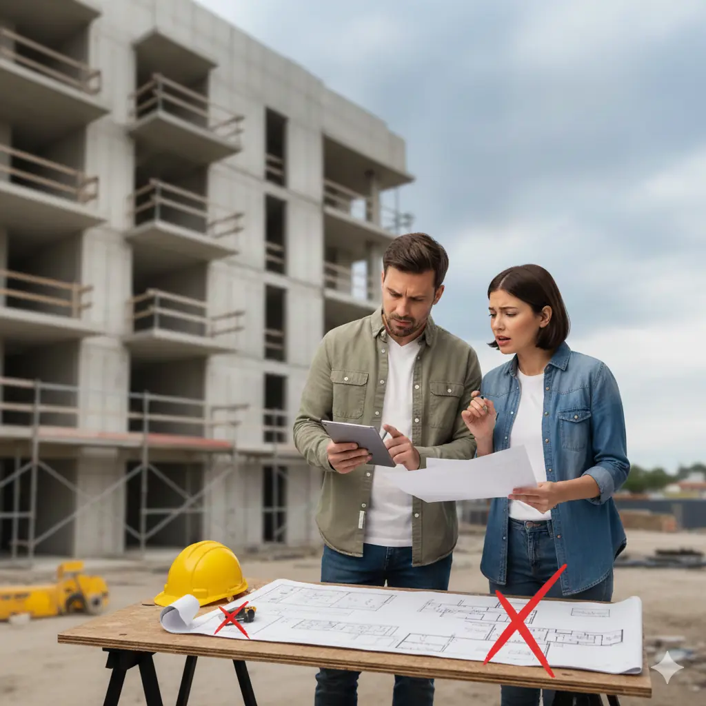 Couple reviewing plans of a building under construction