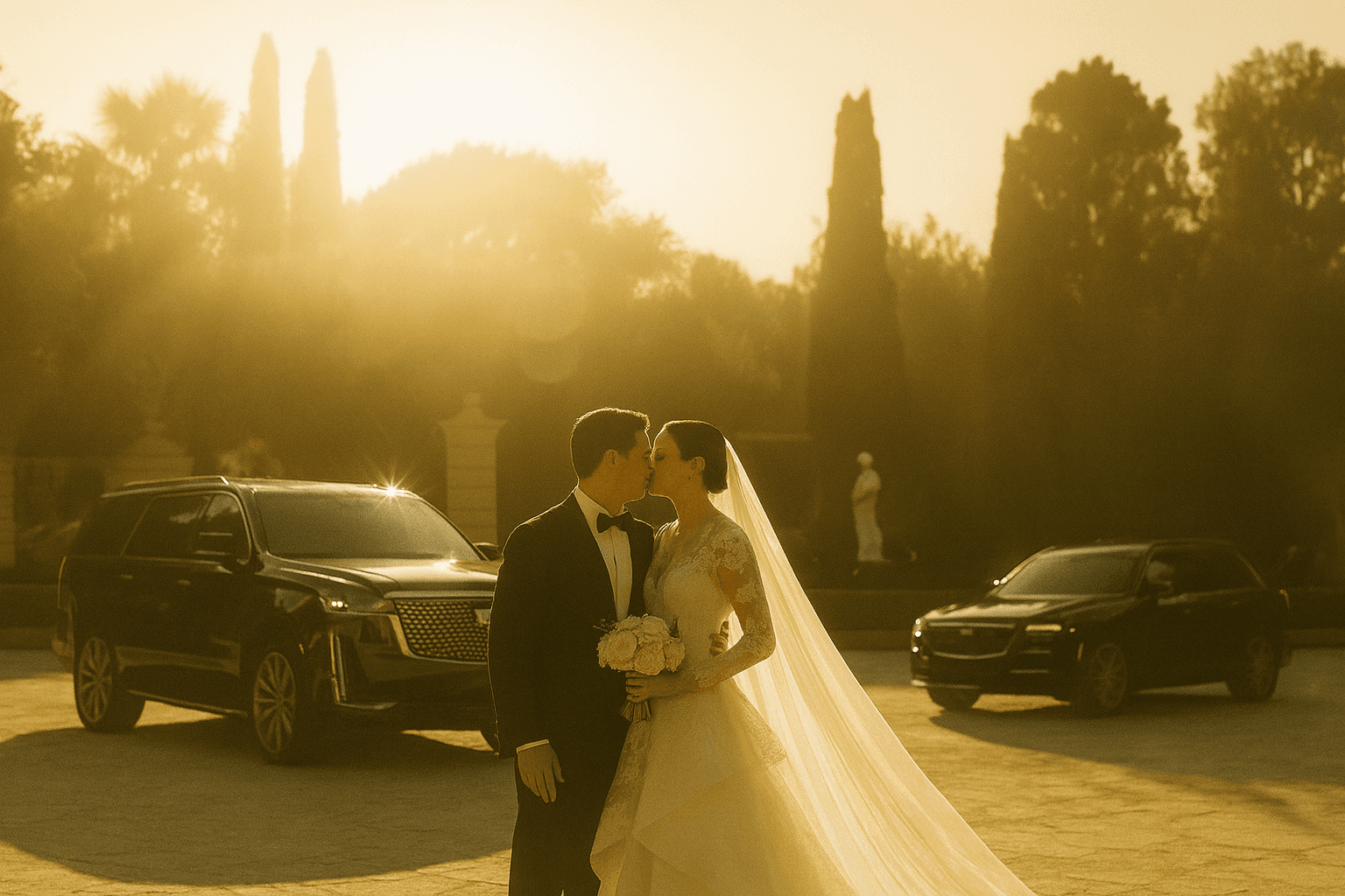Bride stepping out of a luxury chauffeured car at a VIP event