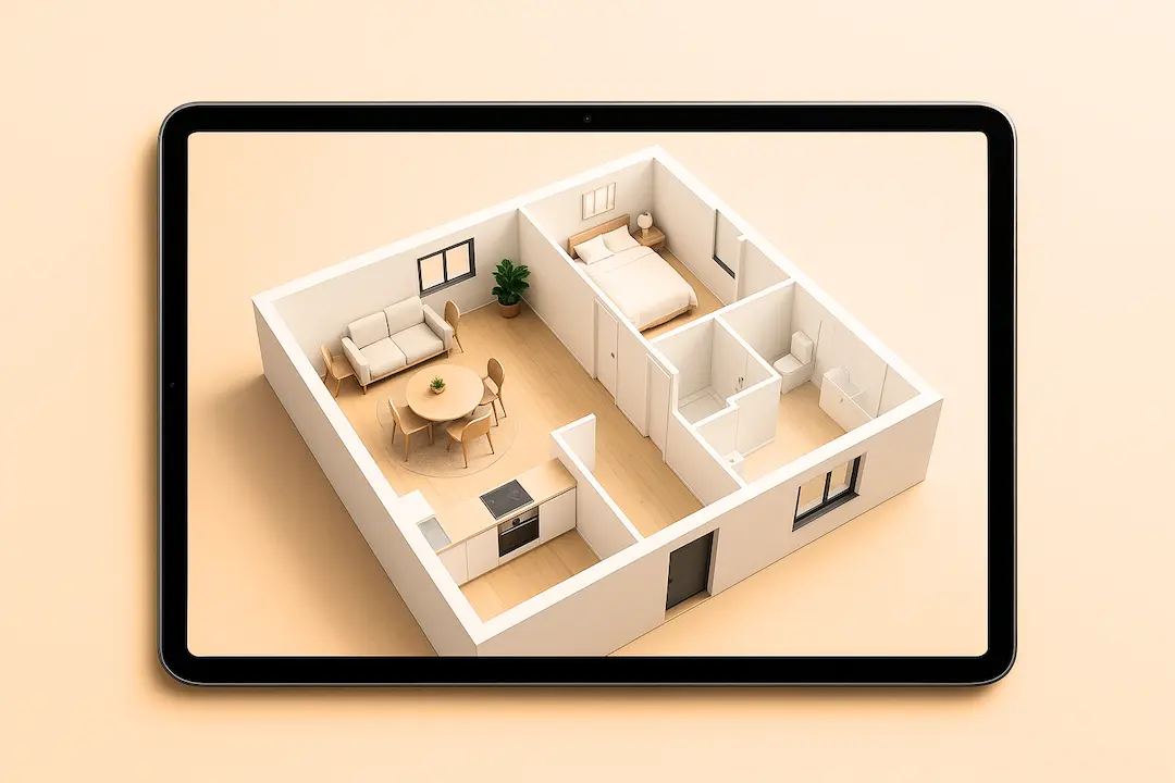 Raumplaner auf einem Tablet mit 3D Grundriss