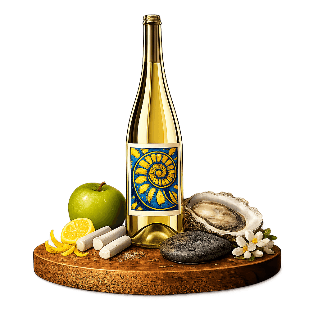 Artistic label and flavor profile for Chablis on a rustic wooden table.