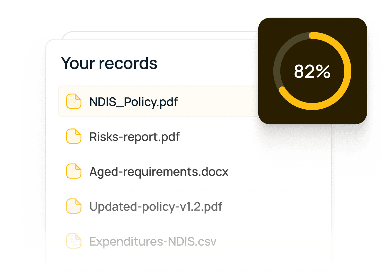 A list displaying various document names, with a circular progress indicator showing 89% completion.