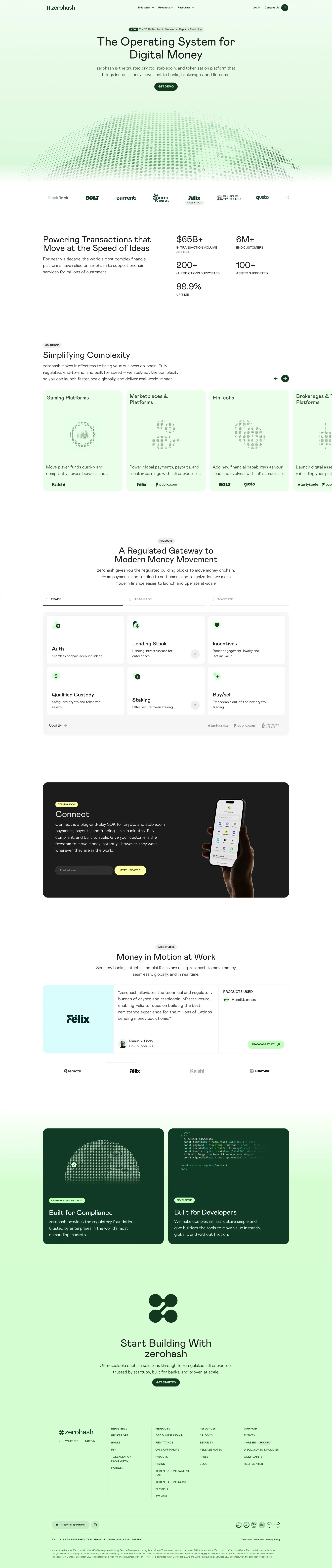 zerohash landing page screenshot showcasing Finance and NFT / Crypto / Web3 design