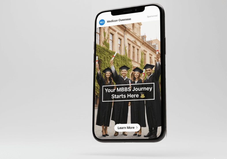 Smartphone mockup displaying an Instagram Story ad creative for Medicon Overseas' MBBS program.
