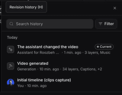 Clevera's revision history listing the original generated video and the Assistant-edited version