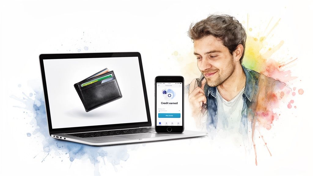 A smiling man views a laptop displaying a wallet and a smartphone showing a credit earned app.