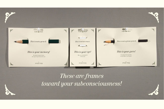 Three white cards with black text and graphics are displayed on a gray background. Each card features a pencil image and the text "This is not a pencil," "This is your memory!" and "This is your ego!" respectively. The bottom of each card displays the brand name "POETIQ." The text "These are frames toward your subconsciousness!" appears below the cards.
