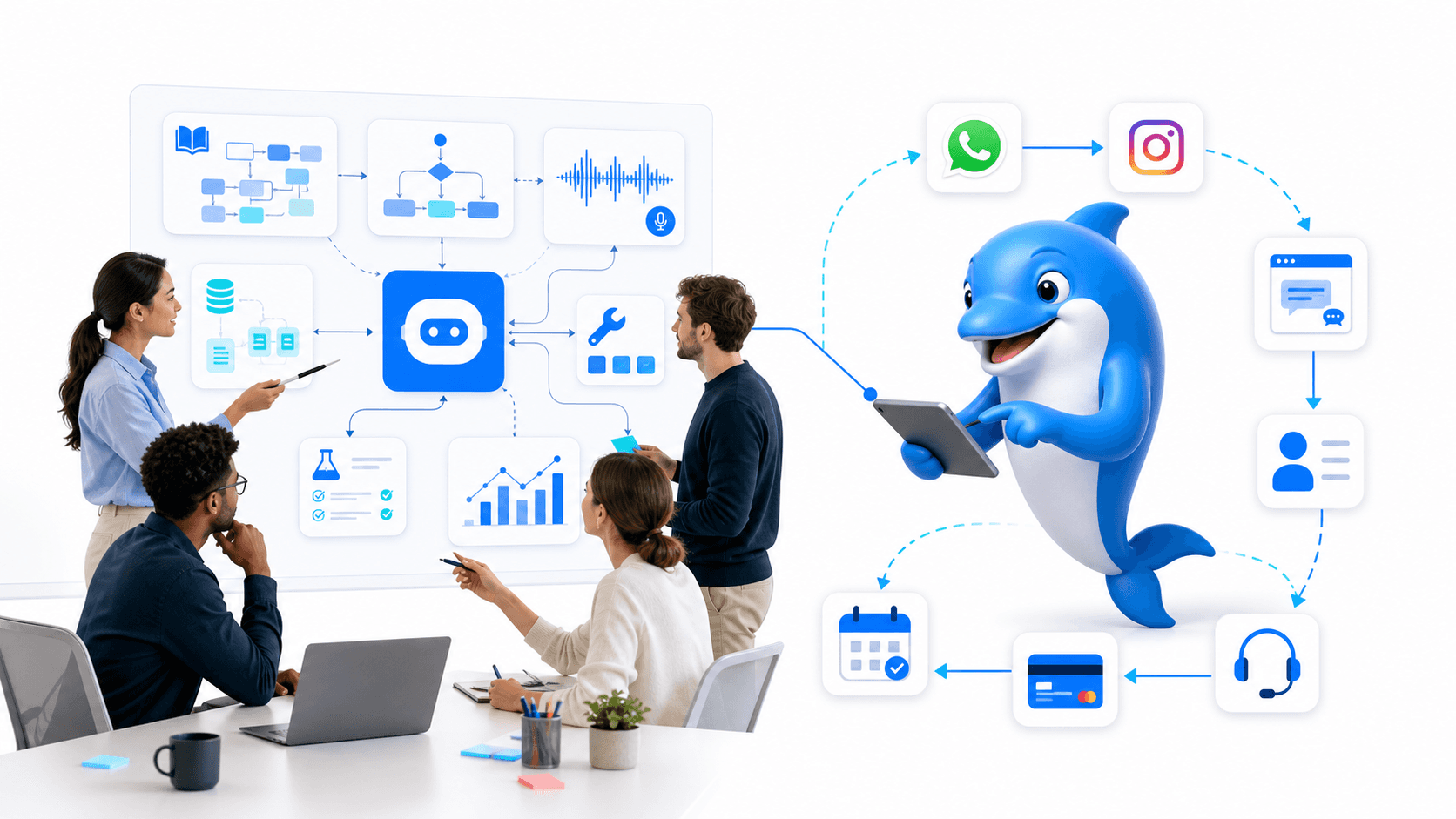 A conversation design team and Echo operating a complete customer journey