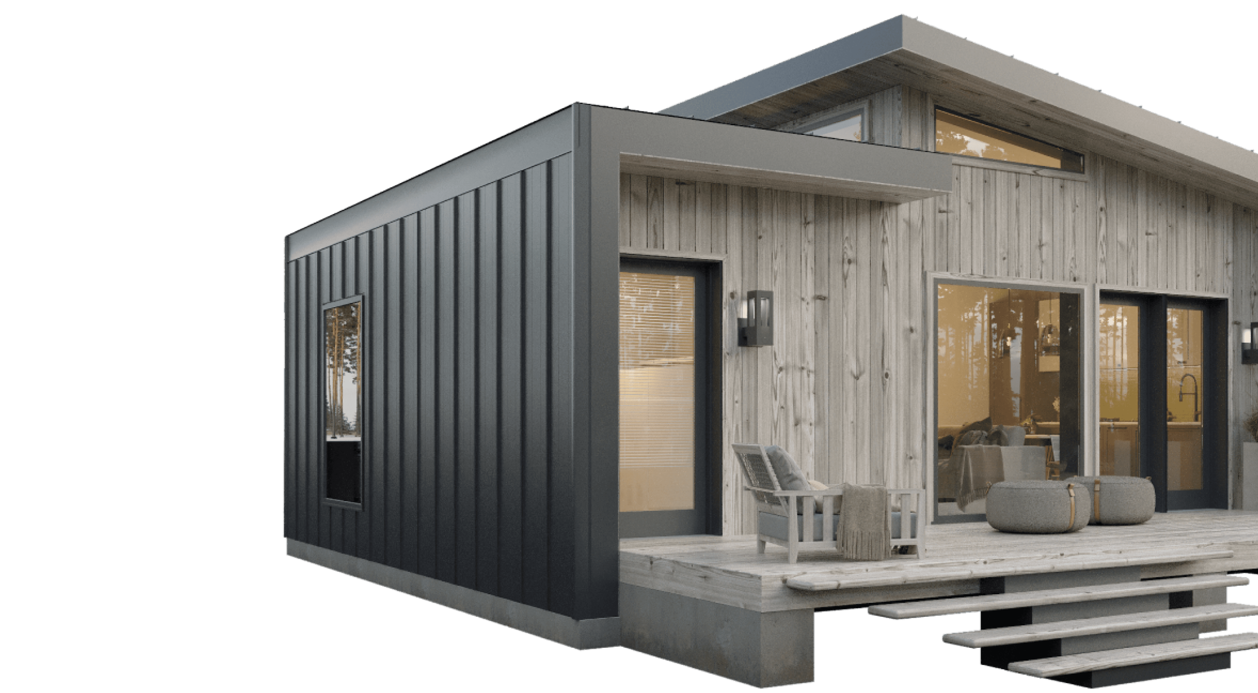 Maison modulaire bois et métal sur pilotis avec baie vitrée et fauteuil de jardin