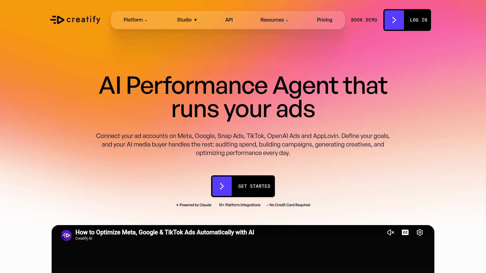 Creatify AI landing page featuring a headline about an AI performance agent for running digital ads.
