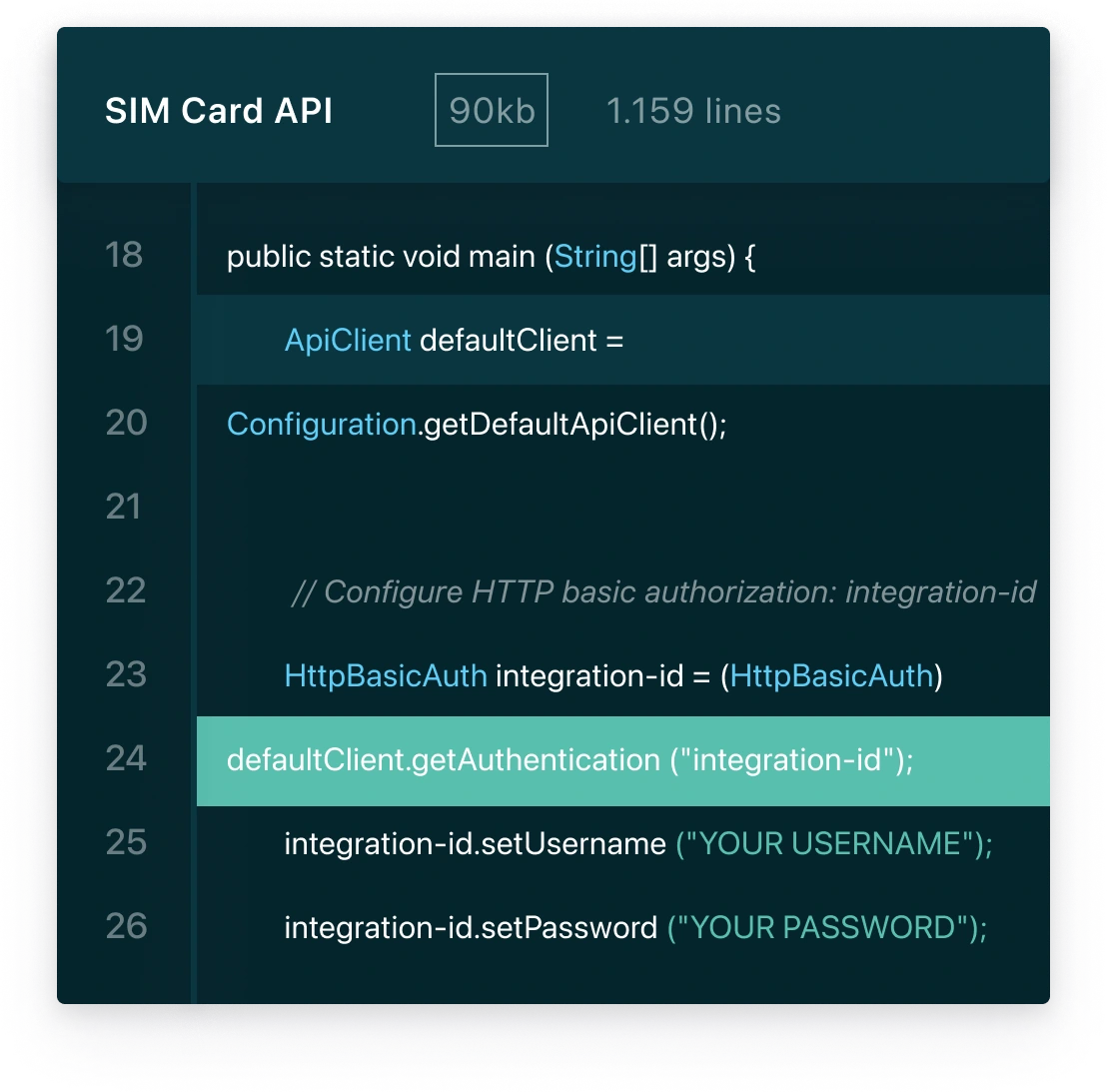 A code sample calling the Cobira SIM Card API