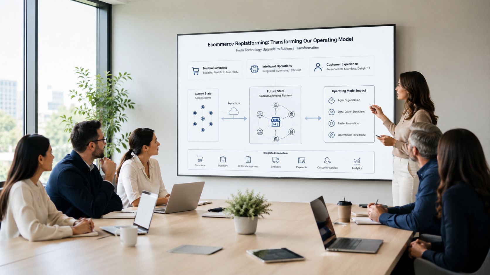 A professional team in a boardroom discusses an ecommerce replatforming strategy presentation on a large screen.