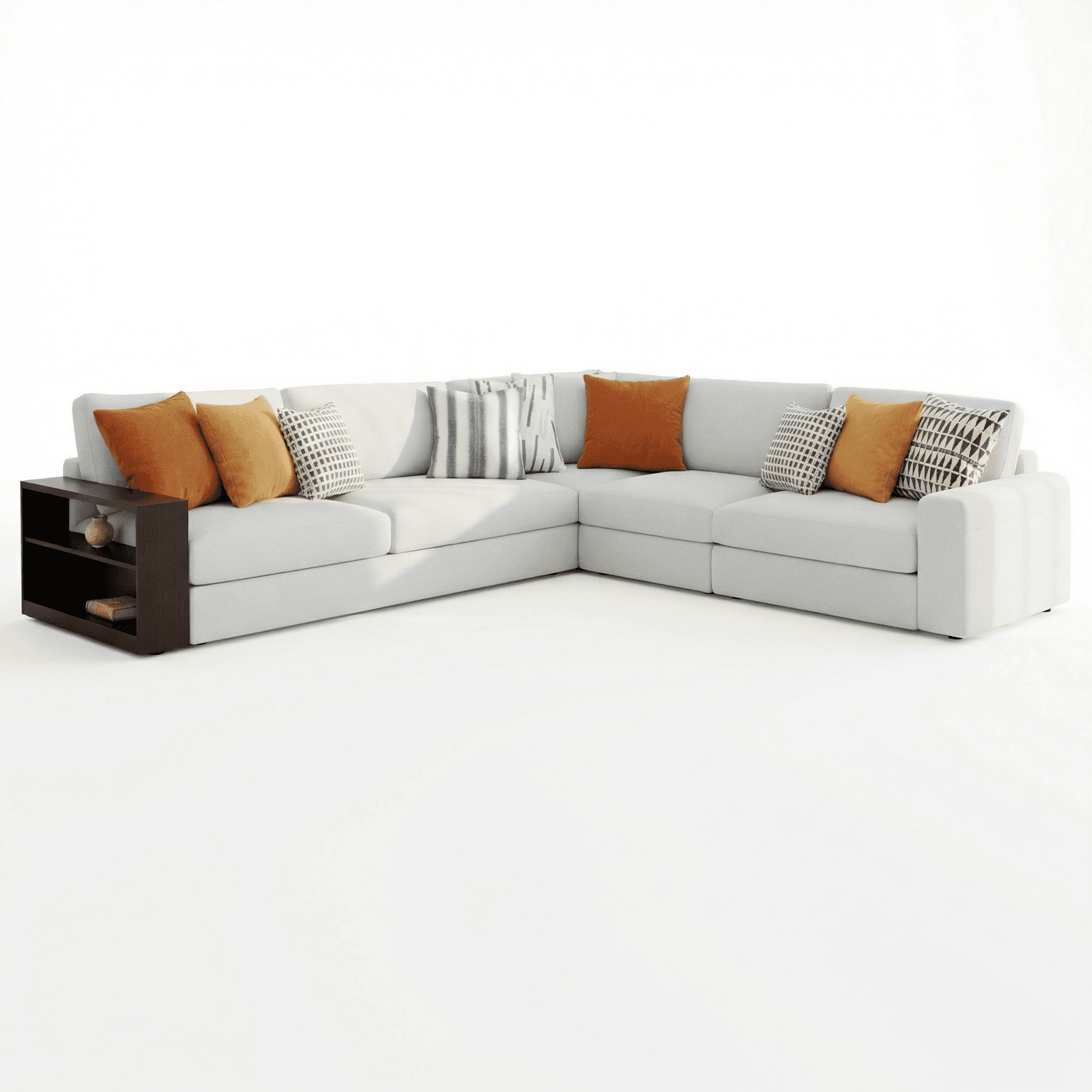 An elegant sectional sofa styled with warm accent cushions in a modern setting