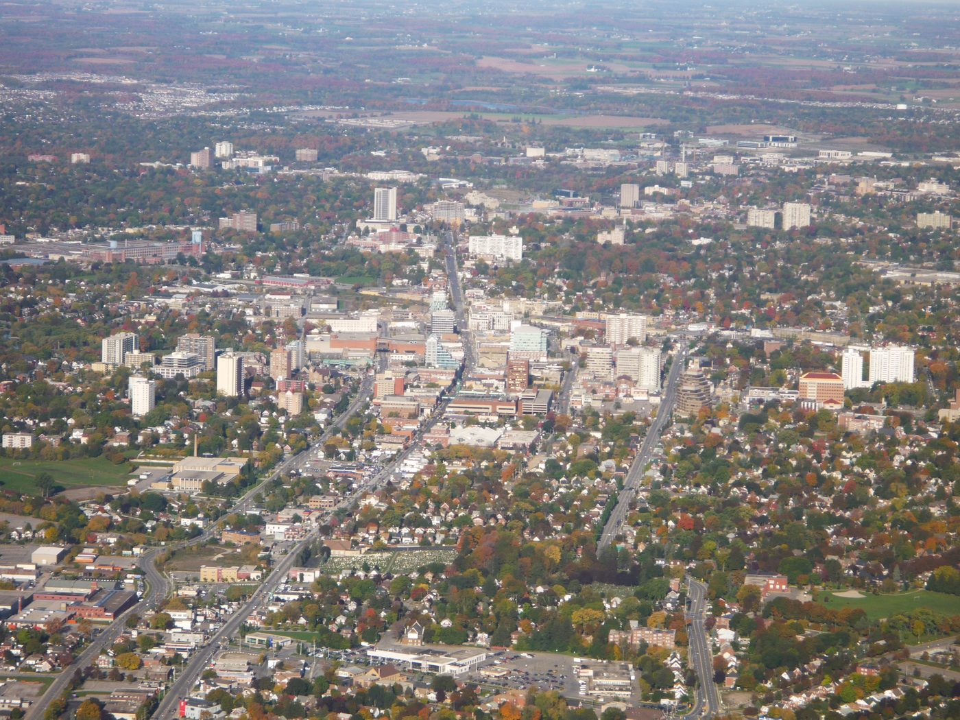 Downtown skyline of the city this drive starts from, on the way to Vincent William Wine in Madison, Ohio