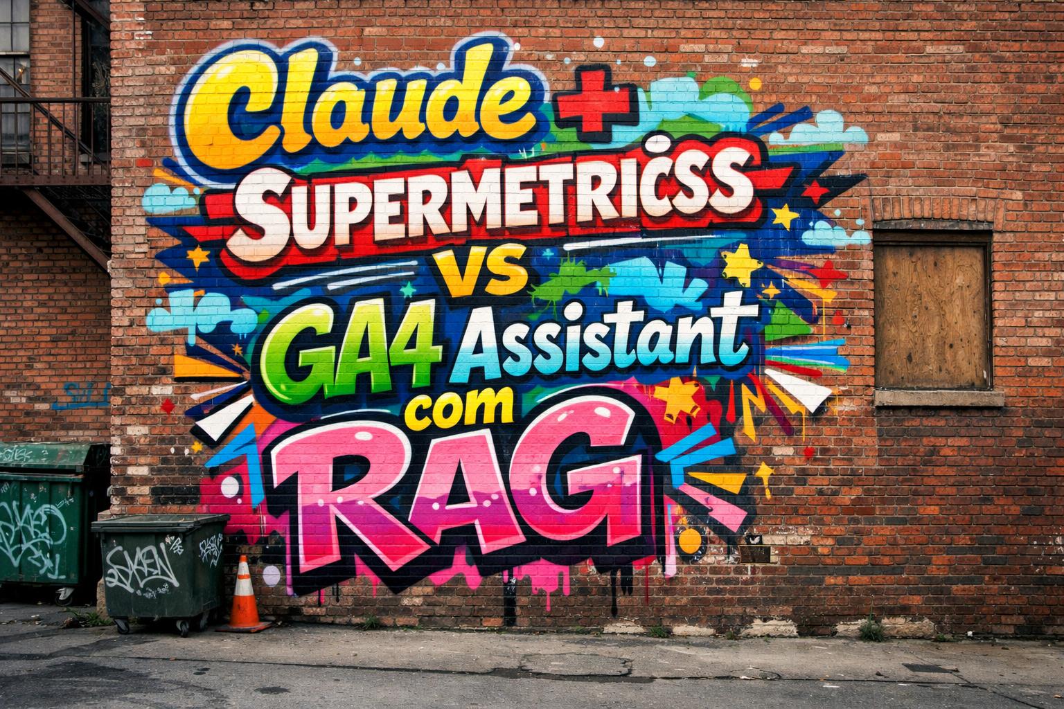 Graffiti saying "Claude + Supermetrics vs GA4 Assistant com RAG" on the side of a brick building, in bright colors.