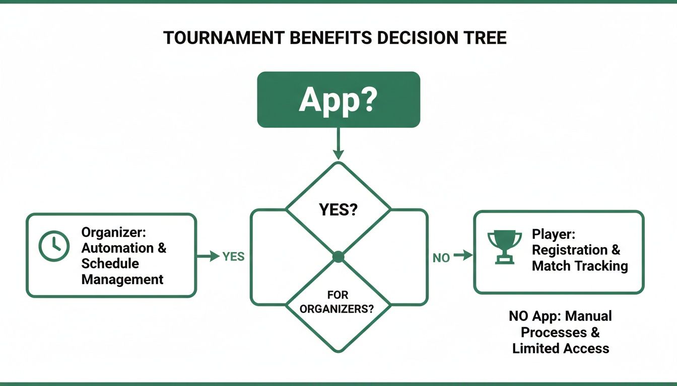 Decision tree diagram illustrating tournament benefits based on app usage for organizers and players.
