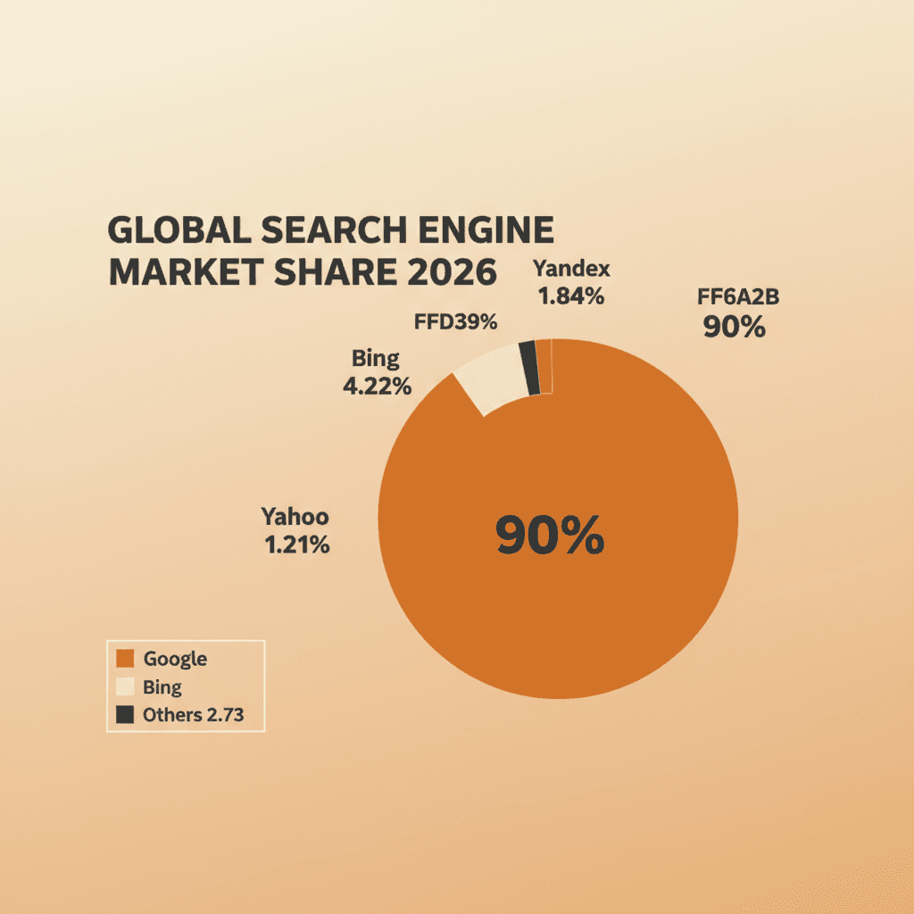 2026 global search engine market share breakdown showing Google's dominance and alternative engine percentages