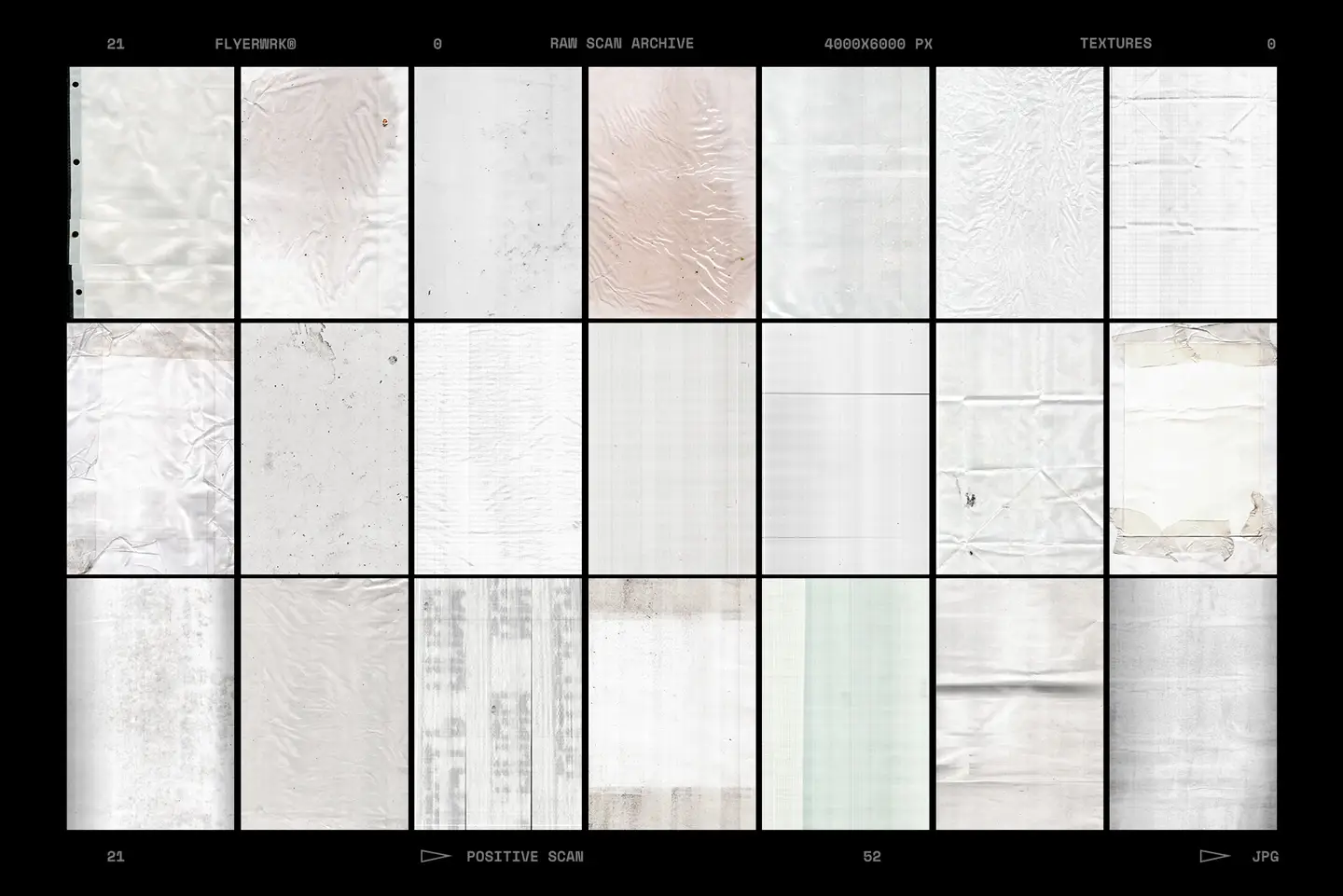 Raw Scan Archive set of twentyone positive white textures showing grainy hand scanned document patterns