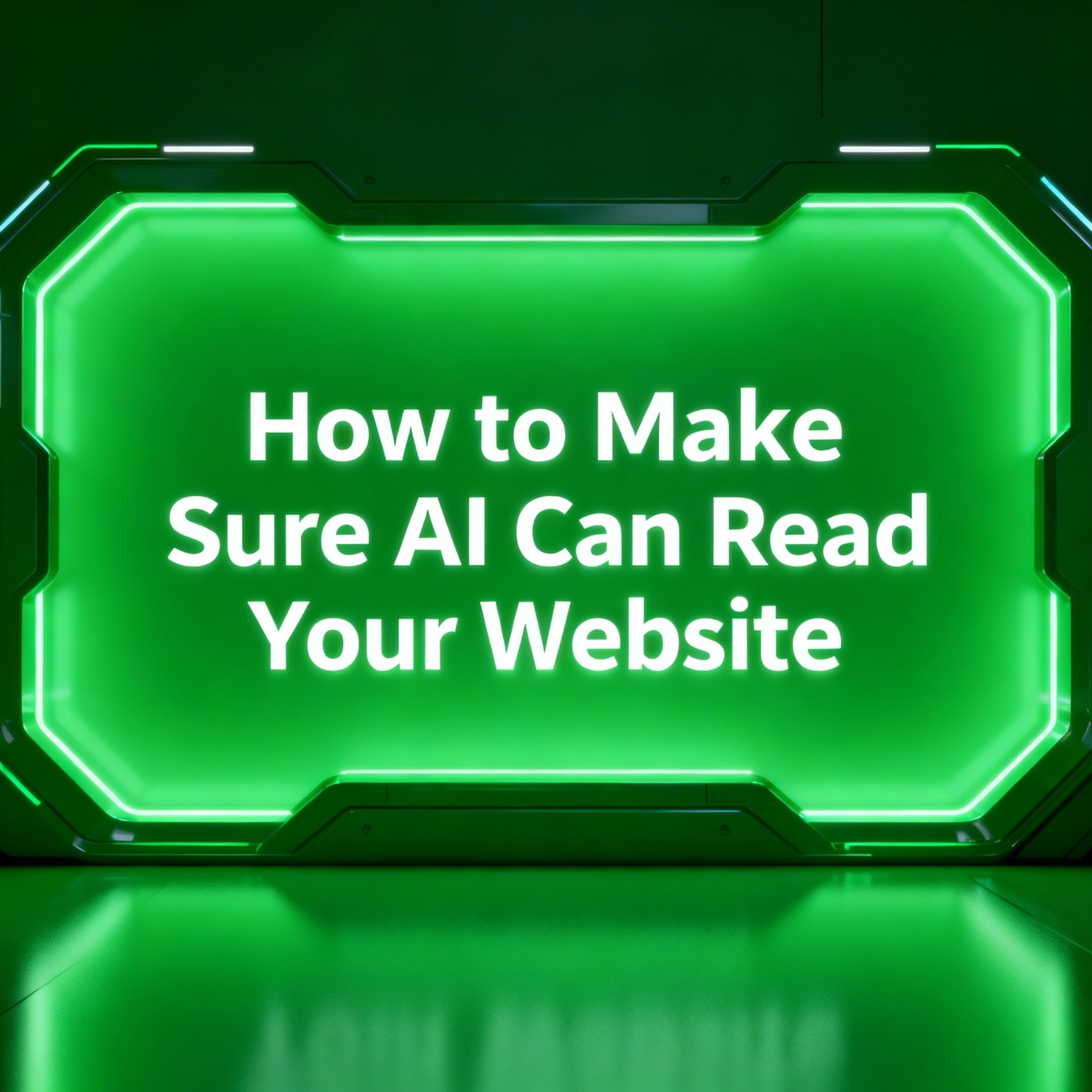 Futuristic green digital sign displaying the text 'How to Make Sure AI Can Read Your Website' in bold white letters, set against a glowing high-tech background.
