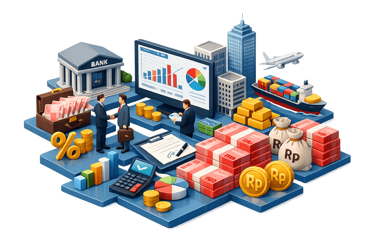Ilustrasi ekosistem keuangan & perdagangan terintegrasi berbasis analitik. Di tengah, layar besar menampilkan grafik kinerja (bar naik dan pie chart). Di kiri, gedung bank, koper berisi uang, tumpukan koin, dan simbol persentase merepresentasikan pembiayaan, likuiditas, dan suku bunga. Di depan layar, dua eksekutif berjabat tangan (kesepakatan), sementara seorang analis memeriksa dokumen.  Di kanan, rantai pasok & perdagangan digambarkan oleh kontainer, kapal kargo, pesawat, serta emas batangan. Di bawah, paket uang Rp, kantong Rp, kalkulator, dan grafik menunjukkan arus kas, perhitungan, dan nilai bisnis. Latar gedung kota menandakan skala ekonomi. Visual menggambarkan keterhubungan perbankan, analitik kinerja, pembiayaan, dan perdagangan global dalam satu ekosistem.