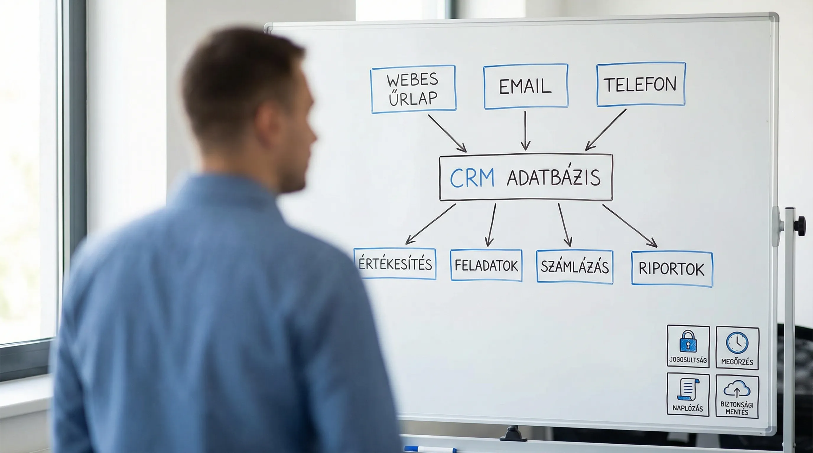 Egyszeru CRM adatfolyam diagram: adatforrasok (webes urlap, email, telefon) nyilakkal a CRM adatbazisba, onnan modulokba (ertekesites, feladatok, szamlazas, riportok), a diagram sarkaban kontroll ikonokkal (jogosultsag, megorzes, naplozas, biztonsagi...