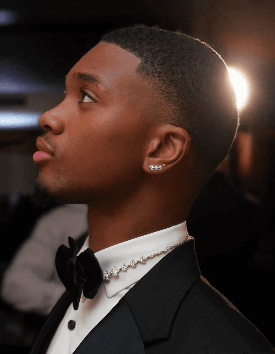 Microfiber hairline enhancement with a clean taper fade, perfect for African American hairstyles by Courtney Palmore. The Rich Barber, West Holllywood, California, Los Angeles
