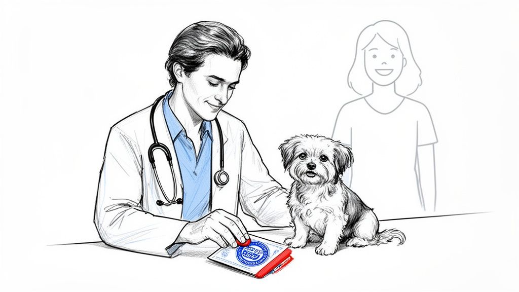 A male veterinarian in a lab coat stamps a document beside a small fluffy dog, with a woman's outline.