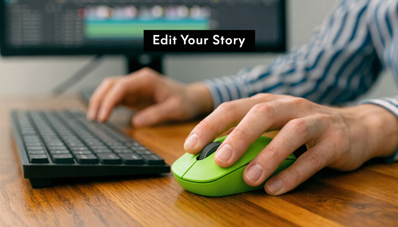 A close-up view of a person using a green computer mouse while editing a video project.
