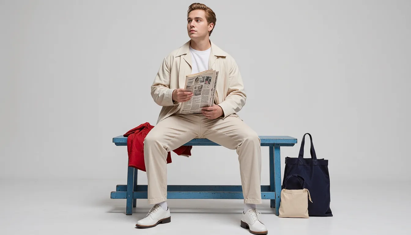 Stylish cream suit ensemble featuring person seated on blue bench with newspaper, red jacket, and navy tote bag in minimalist setting