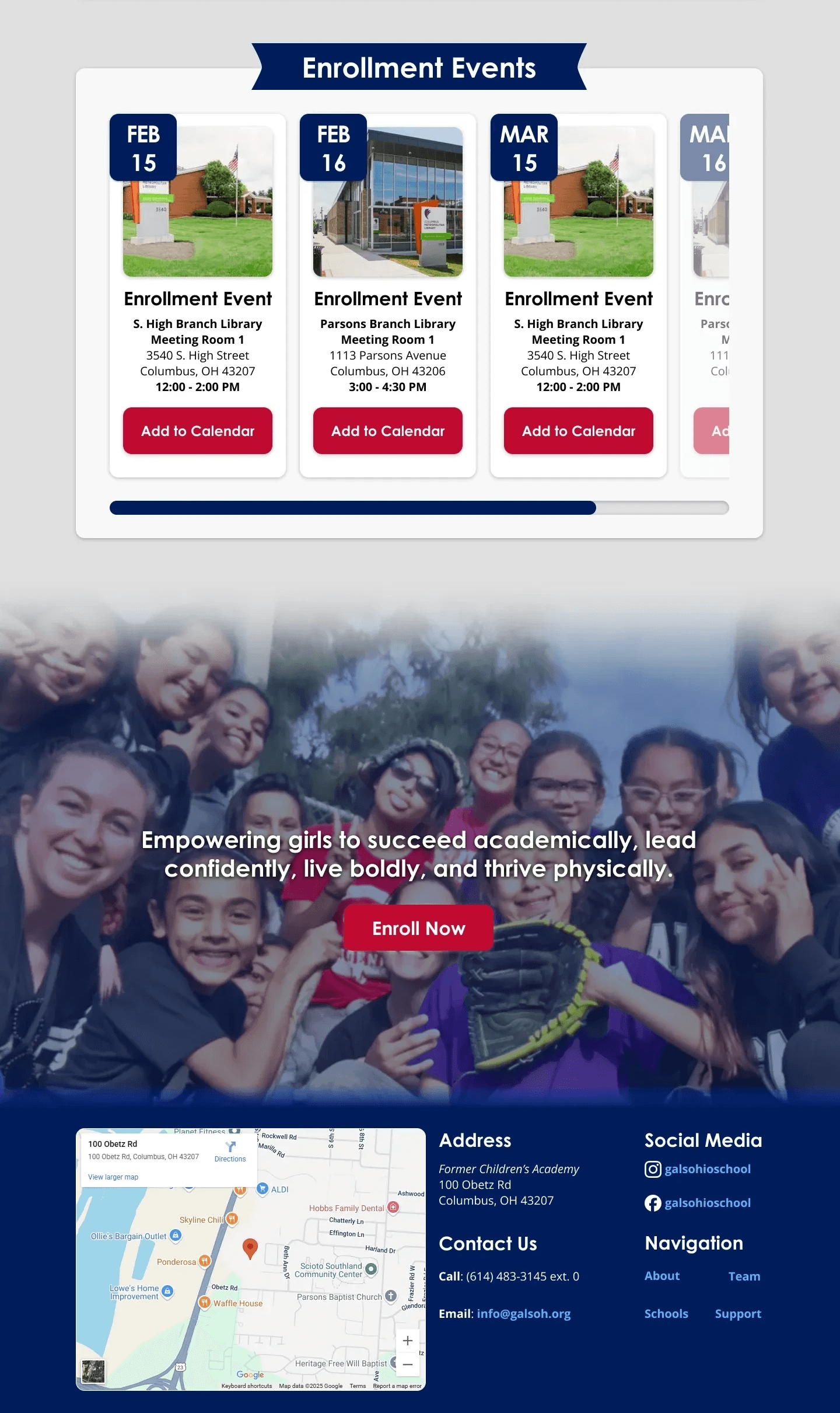 Landing page sections introducing GALS Ohio’s mission, enrollment events, and supporting information in a clear scrolling sequence.