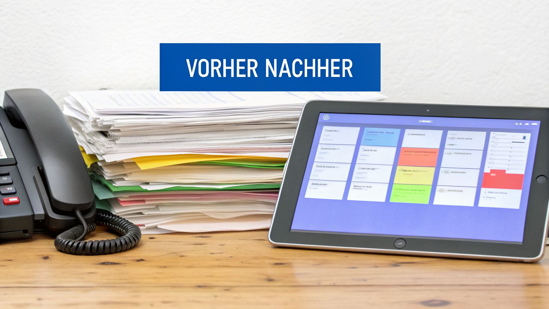 Ein Schreibtisch zeigt den Wandel von unübersichtlichen Papierstapeln zur digitalen Organisation auf einem Tablet.