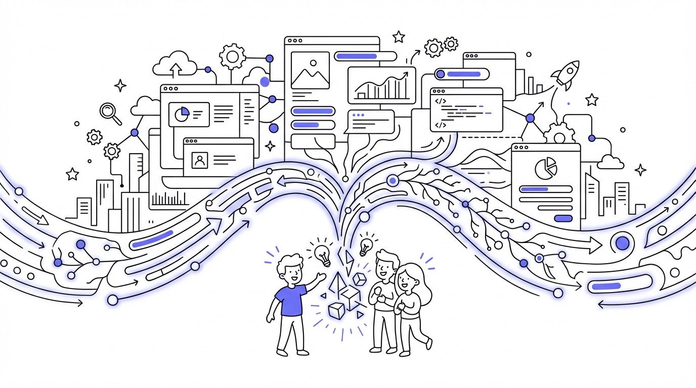 An illustration showing a small, glowing central hub, representing a team, emitting bright digital streams that construct a large, futuristic cityscape or a complex data network in the background, symbolizing smart growth and AI-powered achievement.