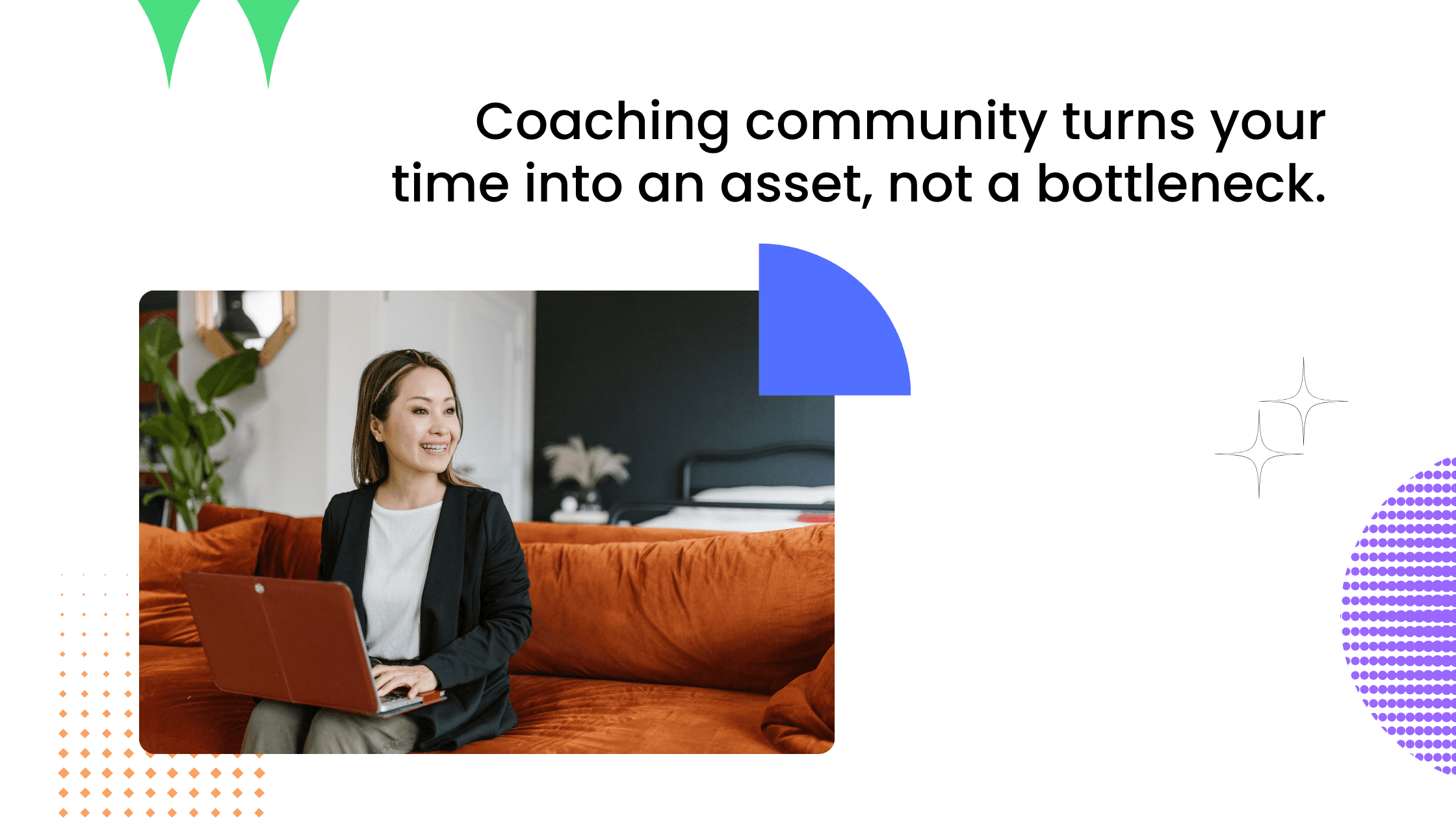 Woman sitting on an orange couch using a laptop during a virtual coaching session.
