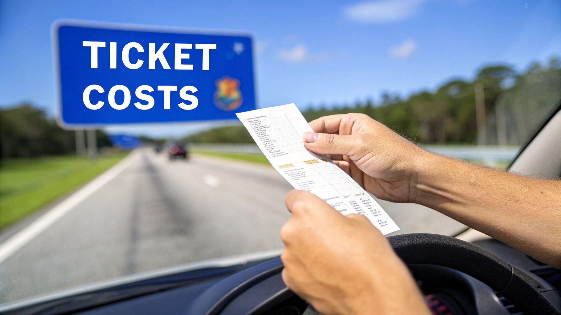 Driver holding a long receipt or ticket with a blue road sign showing 'TICKET COSTS' on a highway.