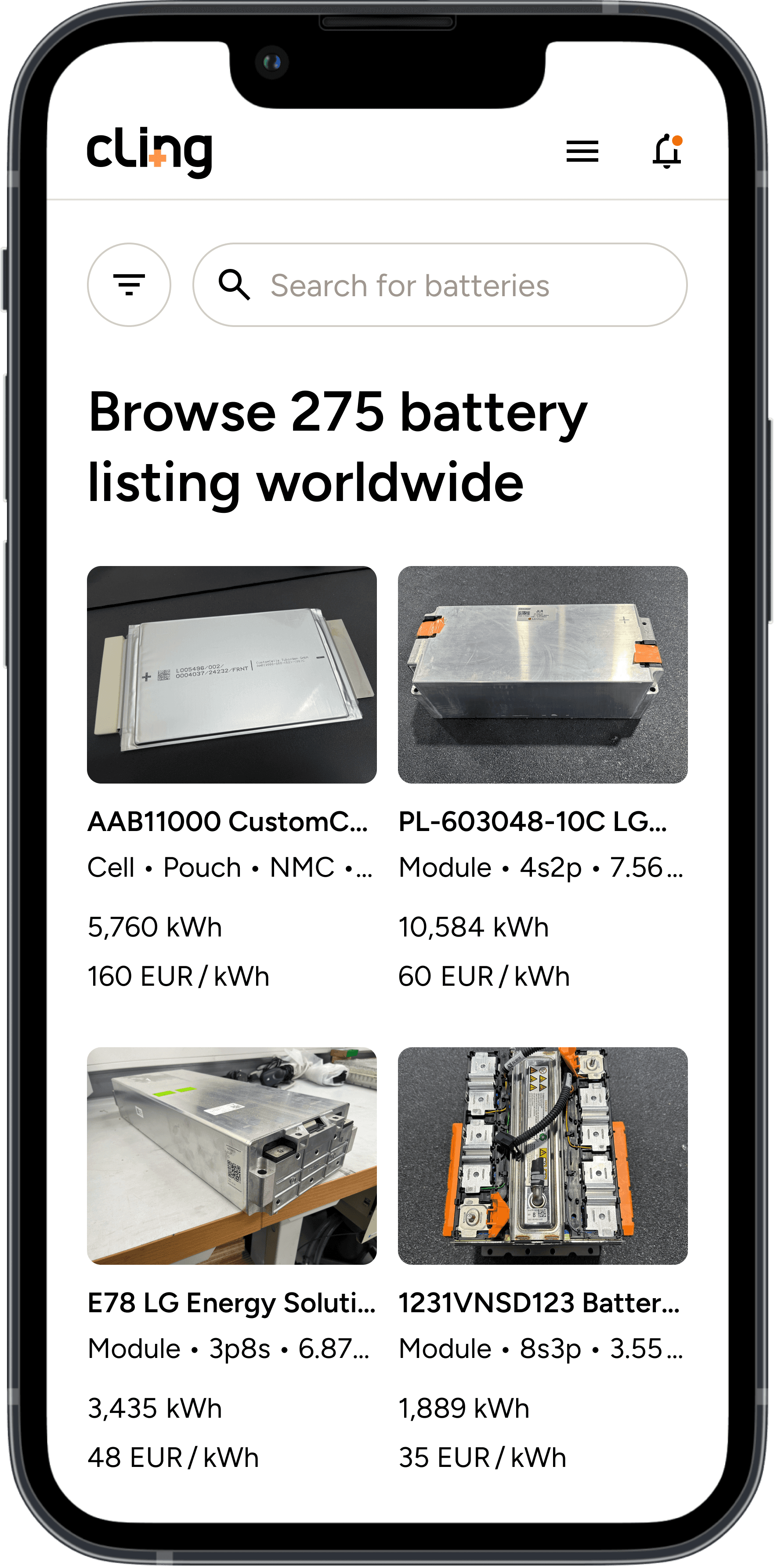 Mobile marketplace interface with battery search and filtering capabilities