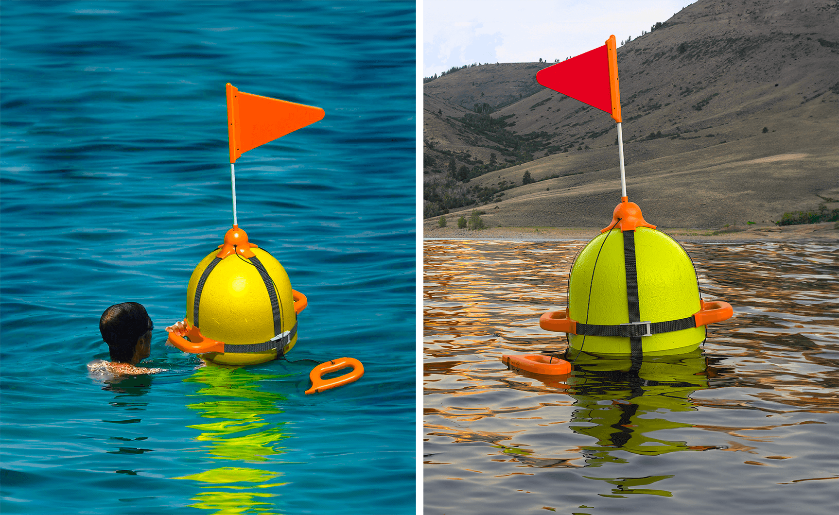 Conceptual rendering of the 'Rescue Buoy' in use, showing a person in distress using the handles to rest while the buoy's orange flag is raised for high-visibility signaling.