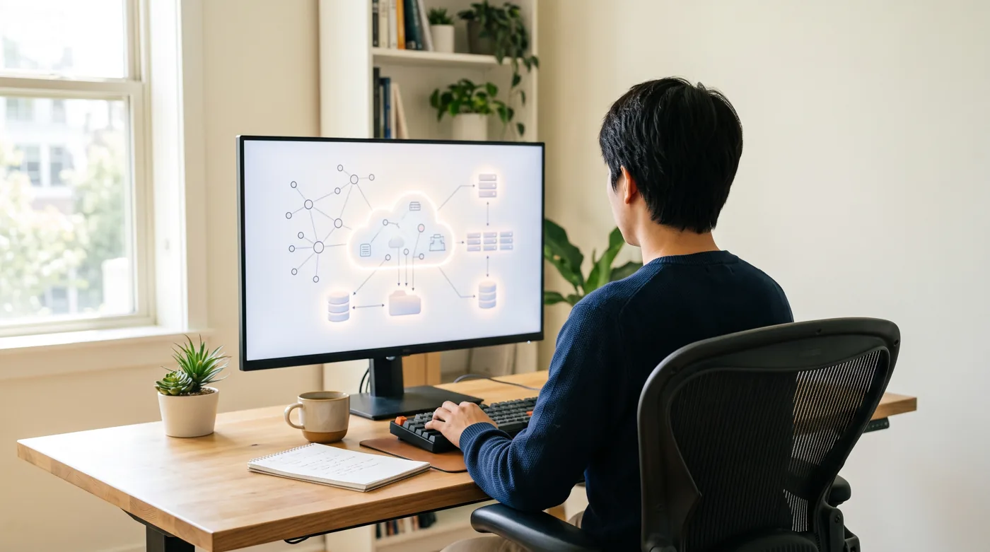 A person at a desk with a cloud infrastructure diagram on a large monitor