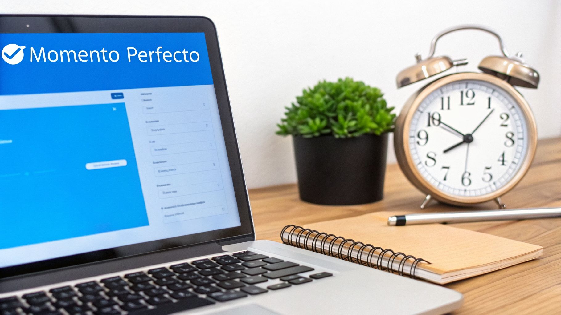 Portátil mostrando 'Momento Perfecto' en pantalla, junto a un reloj despertador, planta, cuaderno y bolígrafo en un escritorio de madera.